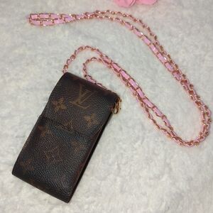Louis Vuitton Brown Monogram Clutch with Pink Chain